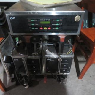 Curtis Gemini Dual Coffee Brewer, Model GEMTS10A1005, with 2-1.5 gallon satellites and 2 filter baskets. 220V, 18x17x30 inches.