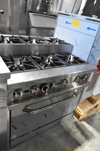 BRAND NEW 2024 RC-ENR6B36TJ-NAT stainless steel 2-tier 6 burner range with oven, back splash, over shelf, 210,000 BTU.