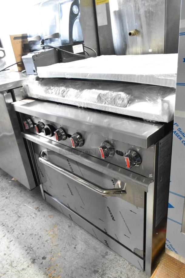 Brand new 2024 RC-ENR6B36TJ-NAT stainless steel commercial 6 burner range with oven, 2 tiers, back splash, over shelf.