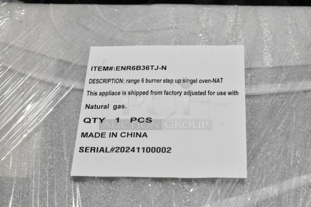 Stainless steel commercial gas range, 2-tier 6 burners, oven, back splash, over shelf. 210,000 BTU. Model: RC-ENR6B36TJ-NAT.