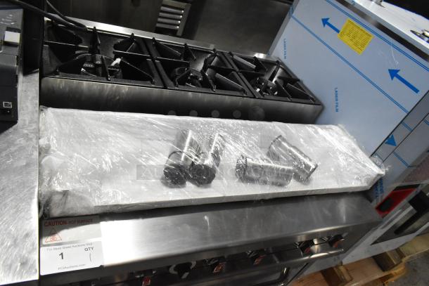 Brand new RC-ENR6B36TJ-NAT stainless steel commercial 6 burner range with oven, back splash, over shelf, 210,000 BTU.