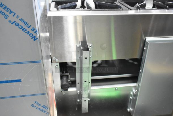 Brand new 2024 RC-ENR6B36TJ-NAT commercial stainless steel 6-burner range, natural gas, 2 tiers, oven, 210,000 BTU.