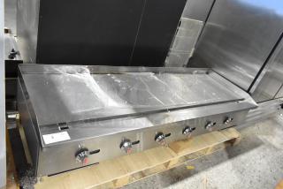 Brand new 2024 Hangzhou ENCTGM-72-L/N stainless steel gas griddle, 180,000 BTU, with minor scratches, five control knobs.