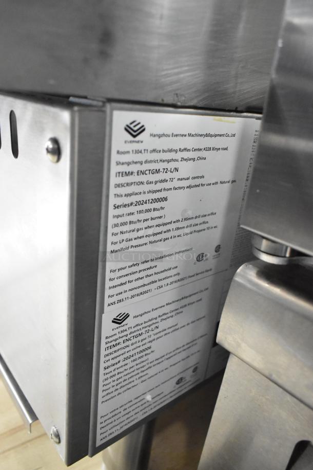 Brand new 2024 Hangzhou ENCTGM-72-L/N stainless steel gas griddle, 180,000 BTU, with label showing model and specs.