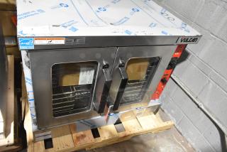 Vulcan VC5ED stainless steel single deck convection oven, new scratch and dent. Features view-through doors, metal racks, thermostatic controls, 208V, 3/1 phase, Energy Star rated.