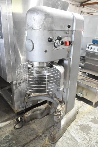 Hobart M 802 commercial 80-quart dough mixer, metal, with bowl guard, visible wear, 230V, 3-phase.