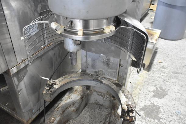 Hobart M 802 commercial 80-quart planetary dough mixer with bowl guard, 230V, 3 phase, metal finish, visible wear.
