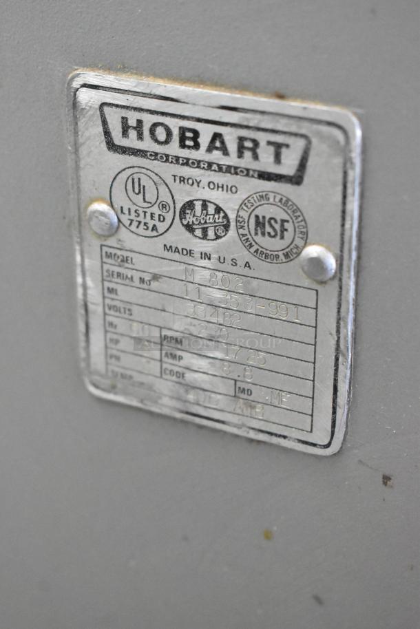 Hobart M 802 metal commercial dough mixer nameplate; UL listed, NSF certified. Model: M 802, 230V, 3 phase. Made in USA.
