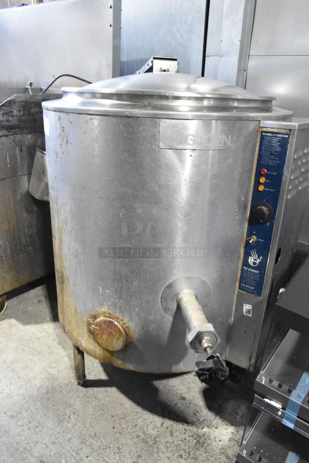 Groen AH/1E-40 stainless steel 40-gallon steam kettle, natural gas, 100,000 BTU, visible wear, commercial use.