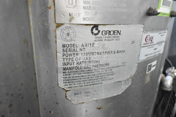 Groen AH/1E-40 stainless steel 40-gallon steam kettle, natural gas powered, 100,000 BTU. Features visible model and serial labels.