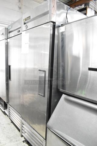 True T-23F stainless steel single-door freezer, commercial use, with poly-coated rack and casters, 115 volts, 1 phase.