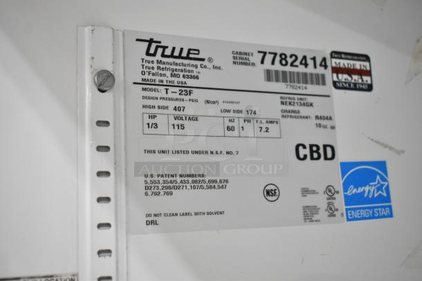 True T-23F Freezer label showing model, voltage, HP, and NSF certification. Made in USA, Energy Star rated.