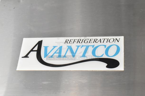 Avantco 178A49FHC logo on stainless steel commercial freezer. Dual doors, poly coated rack, on casters, 115V, 1 phase.