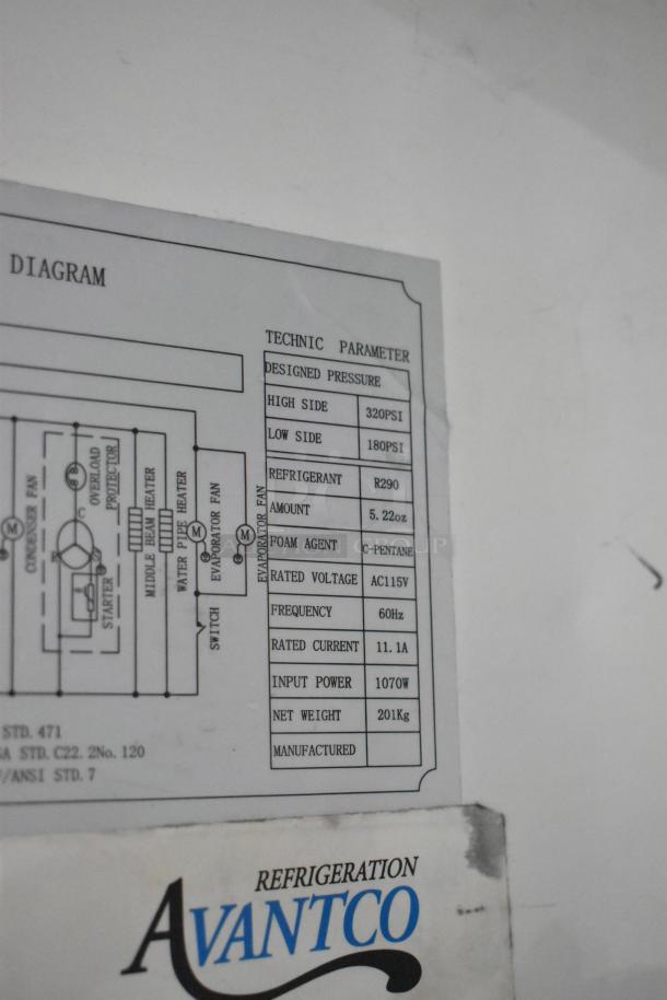 Avantco 178A49FHC label with technical parameters, including pressure, refrigerant type, and voltage. Visible logo.
