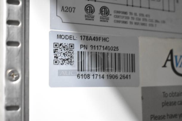 Label showing model 178A49FHC, PN 91171400025, barcode, and certification marks on Avantco freezer.