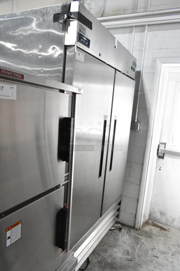 Arctic Air AR49E stainless steel 2-door commercial cooler with poly-coated rack and casters. Model AR49E, 115V, 1 phase.