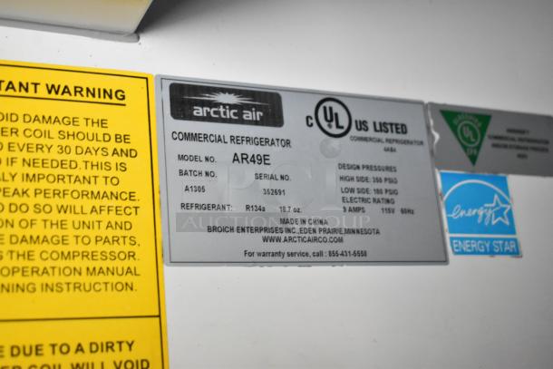 Arctic Air AR49E commercial cooler label, displaying model info, refrigerant type, voltage, and Energy Star certification.