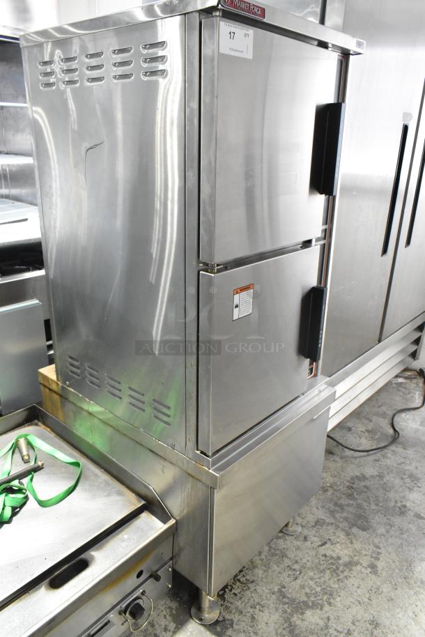 Market Forge EJ-10E stainless steel 2-deck steam cabinet, commercial electric, 208V, 1/3 phase, visible wear, caution label.