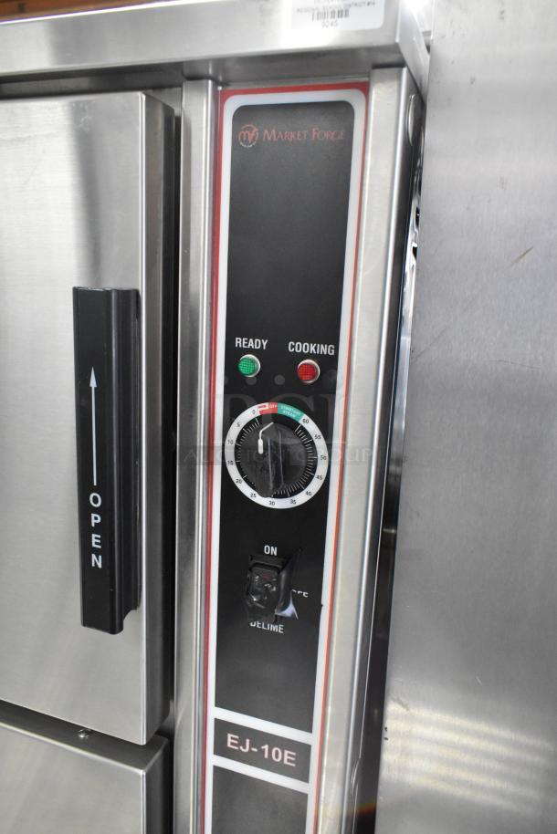 Market Forge EJ-10E stainless steel steam cabinet, dual deck, 208V, 1/3 phase, control panel with ready/cooking indicators.