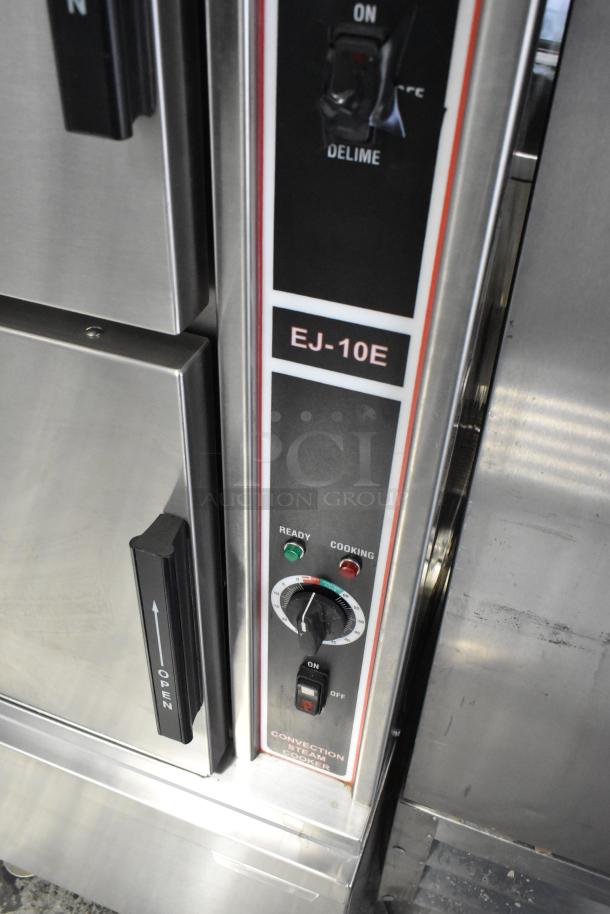 Market Forge EJ-10E stainless steel commercial steam cabinet, 2-deck, electric, 208V, condition: excellent, clear labels.