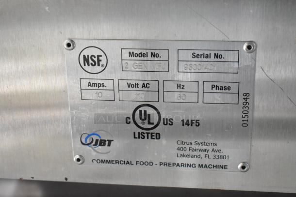 JBT 2 GEN MFJ Citrus Juicer label, NSF certified, 120V, 10A, 60Hz, 1 phase, on commercial casters, stainless steel.
