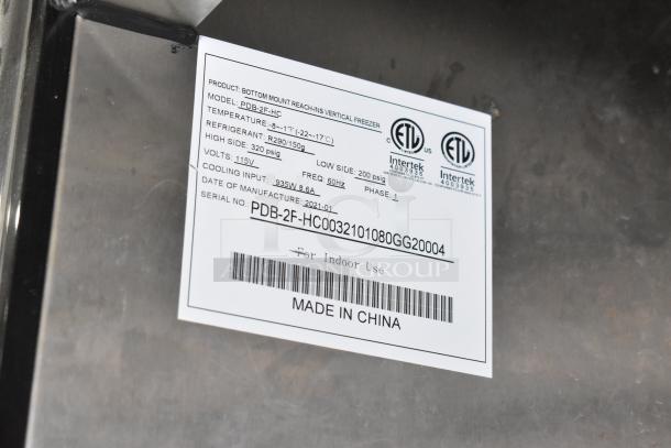 2021 Padela PDB-2F-HC commercial freezer label. Missing doors, 2-door stainless steel, 115V, 1 phase, made in China.