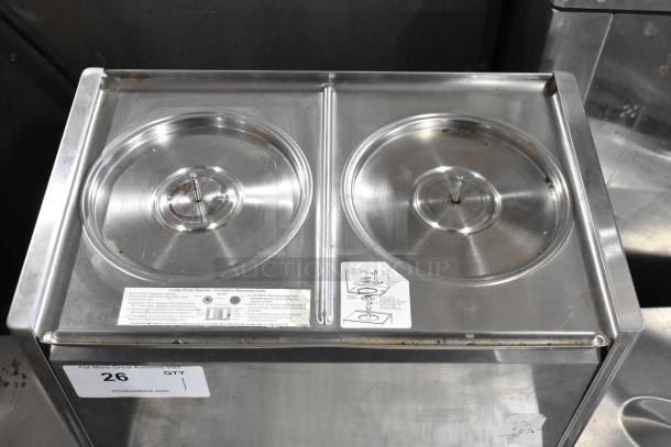 Crathco D25-3 stainless steel beverage machine base, dual compartments, 115V, 1 Phase, with visible instruction labels.