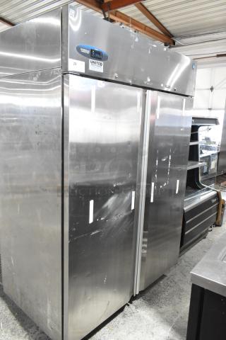 2017 Hoshizaki CF2S-FS stainless steel commercial 2-door reach-in freezer on casters, 115V, 1 phase. Visible minor wear.