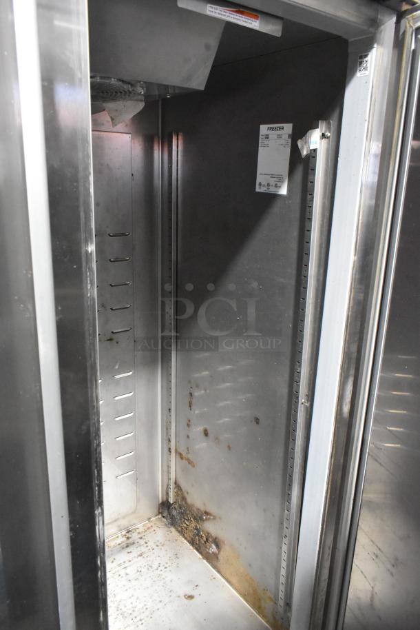 2017 Hoshizaki CF2S-FS stainless steel 2-door commercial freezer, interior view. Visible wear and rust, includes model tag.