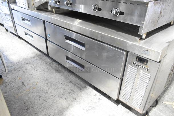 Hoshizaki stainless steel 4-drawer chef base on casters, 115V, 1 phase. Visible Hoshizaki label, commercial-grade.