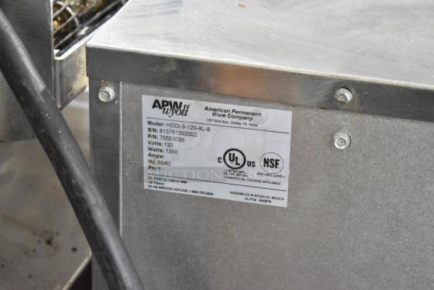 APW Wyott HDDi-3-120-4L-S Warming Drawer label, shows model, serial number, 120 volts, UL and NSF certifications.