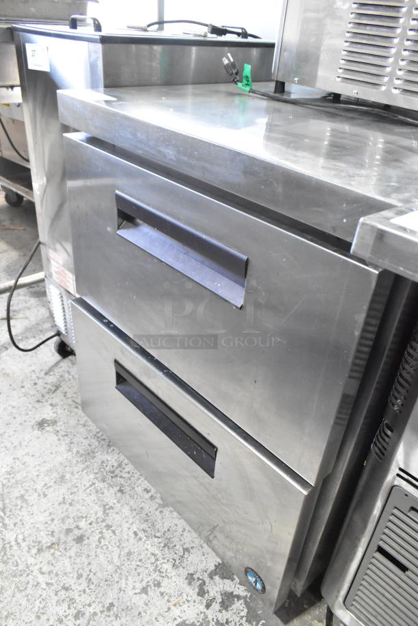 Stainless steel commercial 2-drawer undercounter cooler, 115V, 1 phase, brushed finish, visible wear, perfect for kitchens.