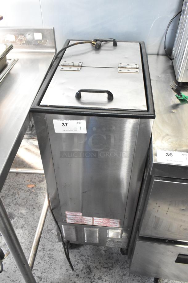 Silver King stainless steel commercial chest cooler or freezer on casters, 115V, 1 phase, with a top handle and visible label.
