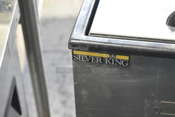 Silver King stainless steel commercial chest cooler on casters, 115 volts, 1 phase, with visible brand label.