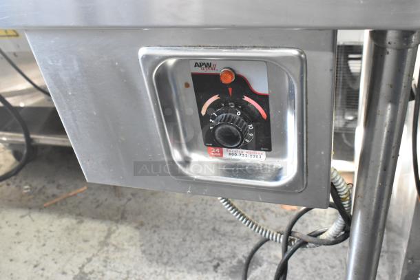 APW Wyott stainless steel commercial 2 well steam table, 115 volts, 1 phase, features visible control dial and branding.