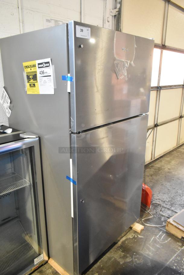 2025 Whirlpool 21MSTFATR6 stainless steel reach-in cooler with freezer, 115V, 1 phase. Scratch and dent condition. Energy label visible.