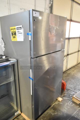 2025 Whirlpool 21MSTFATR6 stainless steel reach-in cooler with freezer, 115V, 1 phase. Scratch and dent condition. Energy label visible.
