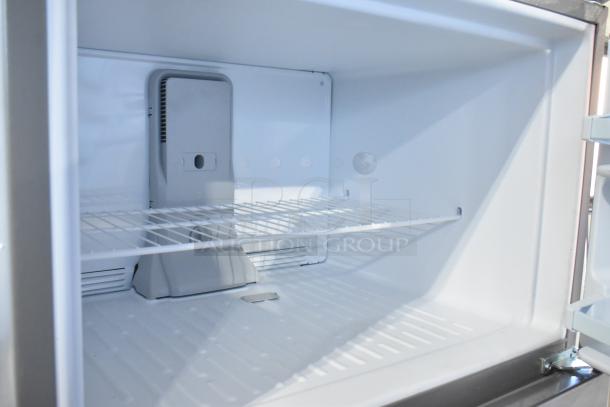 BRAND NEW 2025 Whirlpool 21MSTFATR6 stainless steel reach-in cooler with freezer, interior view. 115 volts, 1 phase.