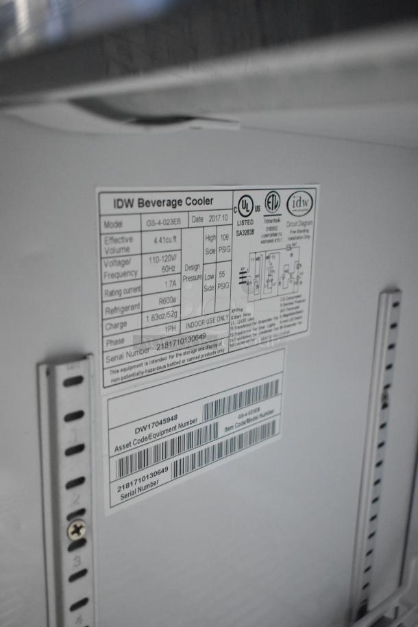 2017 IDW GS-4-023-EB Metal Mini Cooler Merchandiser, 115V, 1 Phase. Label shows model, specs, and certifications.