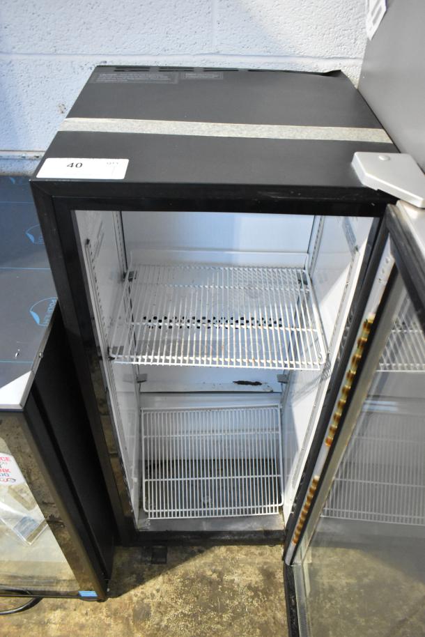 2017 IDW GS-4-023-EB metal mini cooler merchandiser, 115V, 1 Phase, with two white shelves, black exterior, and glass door.