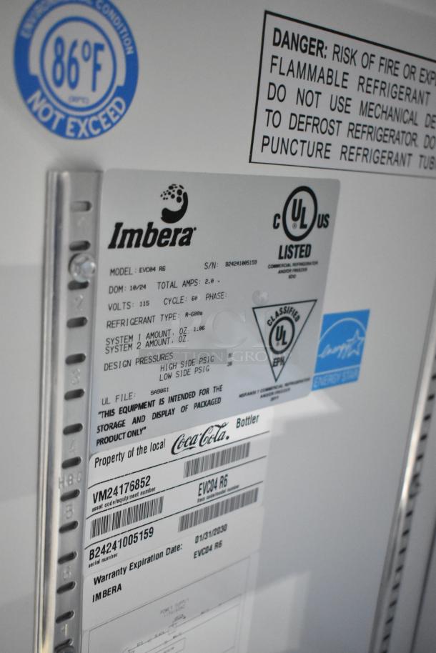 Imbera EVC04 Metal Mini Cooler Merchandiser, 115V, 1 Phase. Labels detail UL listing, refrigerant type R-600a, warranty till 2030.