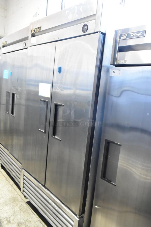 2016 True T-35 stainless steel 2-door reach-in cooler with poly-coated racks, commercial casters, 115V, 1 phase.