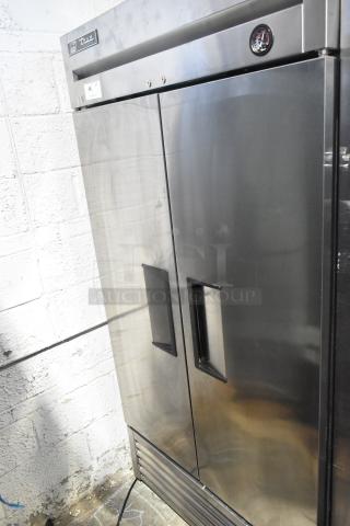 2017 True T-35 Stainless Steel Commercial 2 Door Reach-In Cooler with poly-coated racks, 115 volts, 1 phase.