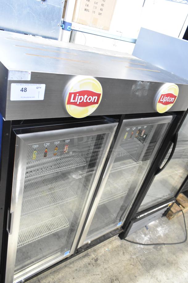 2019 IDW G4-H0234B metal commercial single door reach-in cooler with poly-coated racks, Lipton branding.