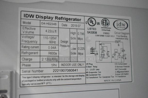 IDW G4-H0234B label showing model, voltage (110-120V, 60Hz), refrigerant (R600a), and serial number 2221907080841.