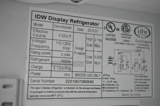 IDW G4-H0234B display refrigerator label showing specs: 4.22 cu. ft. volume, 110-120V, R600a refrigerant, 1 phase. Serial No. 2221907080840.