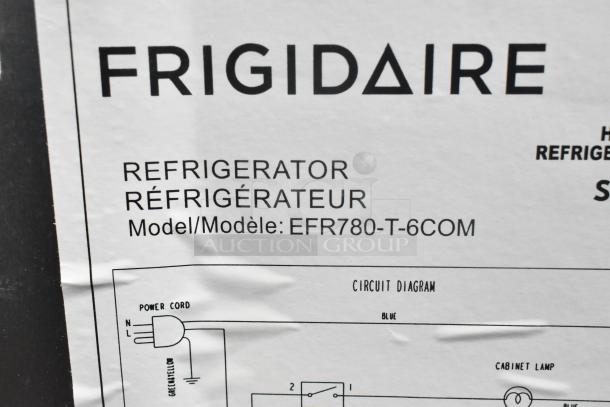 Frigidaire EFR780-T-6COM label with model details and circuit diagram. Stainless steel, brand new with scratches and dents.