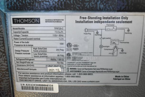 2021 Thomson TFR725-C stainless steel reach-in cooler/freezer, 7.5 cu. ft., 115V, 1 phase, model label visible.