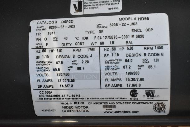 Nema HD98 Motor, 230/460 Volts, 3 Phase, 5 HP, 1765 RPM, 60 Hz, 87.5% efficiency, energy verified.