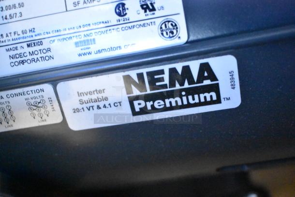 Nema HD98 Motor, 230/460V, 3 Phase, inverter suitable, Nema Premium label, made by Nidec Motor Corporation.